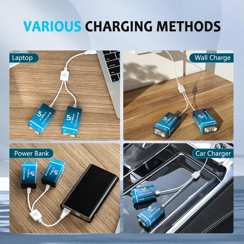 Vista 6 de LP Paquete de baterías recargables de 9V, paquete de 2 unidades, 800mAh de iones de litio, 9 voltios, batería USB con puerto de carga Micro USB