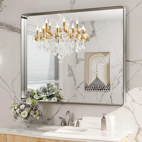 Vista 97 de LOAAO - Espejo de tocador para baño con marco de metal negro mate de 48 x 32 pulgadas para pared, rectangular, grande, redondeado, anticorrosión