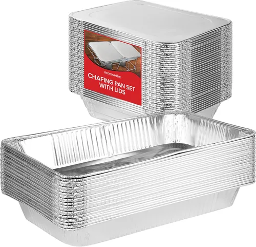 Juego de bufé con tapa desechable, 21 x 13 (paquete de 5) de 9 x 13 pulgadas y tapas (paquete de 10) bandejas de aluminio para servir, bandejas de