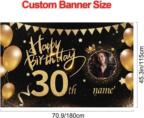 Vista 3 de Custom Happy Birthday Banner,Customize Photo Name and Age Banners Decorations Backdrop for Women Men Boys Girls, Personalization Birthday Banners