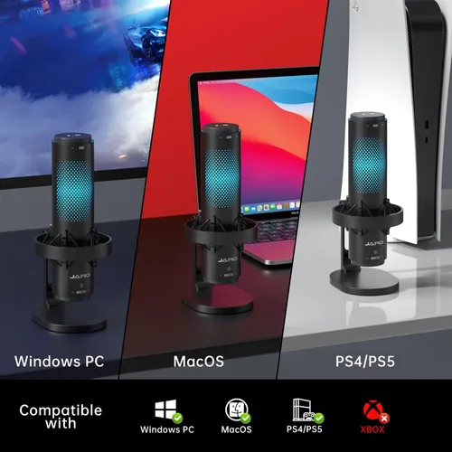Vista 6 de JARO Micrófono condensador USB con patrón multipolar con cancelación de ruido silenciosa RGB para podcasting, juegos, transmisión, YouTube, Zoom