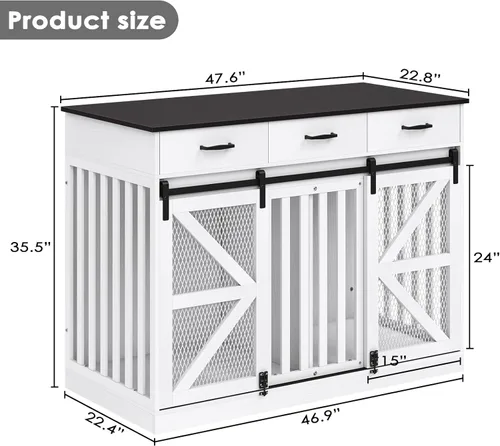Vista 6 de Saudism Mueble de jaula para perros de granja 2 en 1, perrera grande de madera con cajones de almacenamiento, puertas dobles, soporte de TV