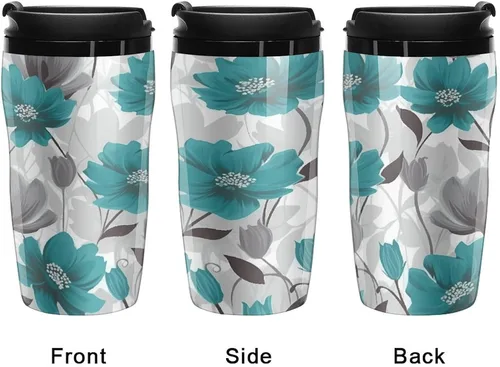 Vista 4 de Teal Grey And White Floral Coffee Cup Hot Coffee Travel Mug Reusable Iced Coffee Cups Double Heat Insulation Coffee Mug with Leak-Proof Lid Stylish