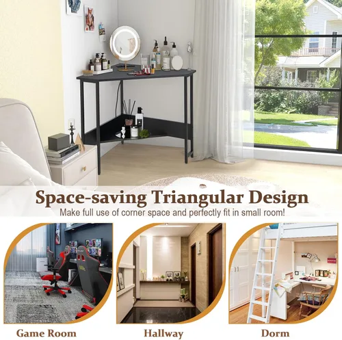 Vista 16 de COSTWAY Escritorio esquinero para computadora, con puertos USB y toma de corriente, estante de almacenamiento para espacios pequeños, escritorio