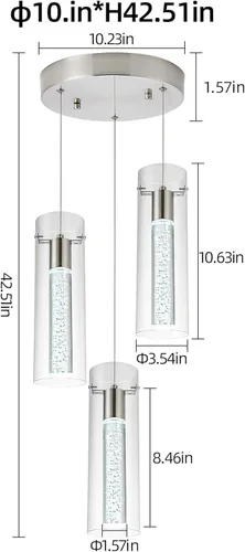 Vista 6 de Lámpara colgante de 3 luces LED para cocina, lámpara colgante de cilindro de burbujas de níquel cepillado con longitud ajustable para cocina, isla
