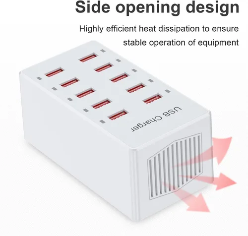 Vista 4 de Cargador USB de 10 puertos estación de carga para múltiples dispositivos, cargador de pared USB, tira de concentrador de alimentación, enchufe