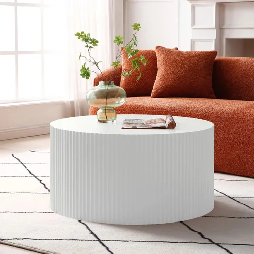 Vista 5 de kevinplus Juego de 2 mesas auxiliares redondas blancas para sala de estar, mesa auxiliar moderna de madera con tambor circular, mesa auxiliar