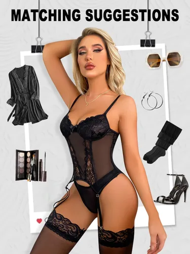 Vista 3 de ssyyx Conjunto de lencería sexy para mujer con liguero, body de encaje de peluche, muñecos de bebé con medias
