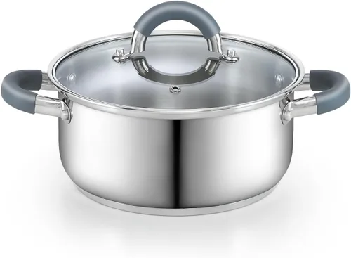 Cook N Home Olla de acero inoxidable de 3 cuartos de galón, olla pequeña con tapa de vidrio, olla básica para saucier, asas de silicona que se