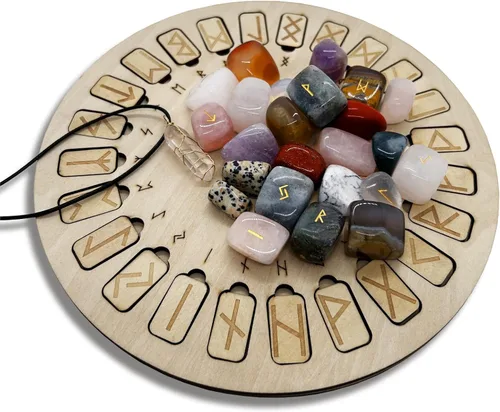 Vista 4 de Juego de piedras de runas, disco de madera con inscripción de vida eterna y runa de cristal de colores mixtos para meditación y curación