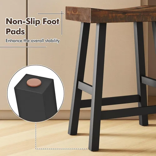 Vista 7 de GOFLAME Juego de 2 taburetes de bar de 24 pulgadas, taburetes de bar industriales con asiento de sillín, marco de madera maciza y reposapiés, sillas