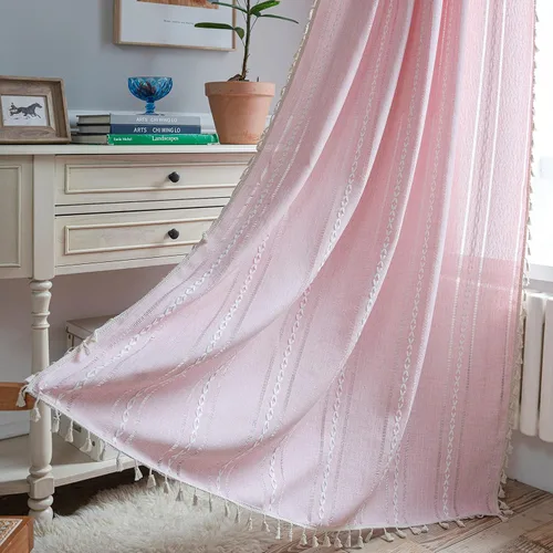 Vista 35 de Sutuo Home Cortinas de puerta francesa para puerta de patio, cortinas de lino semiopacas bohemias con borlas, tiras de granja a cuadros, decoración