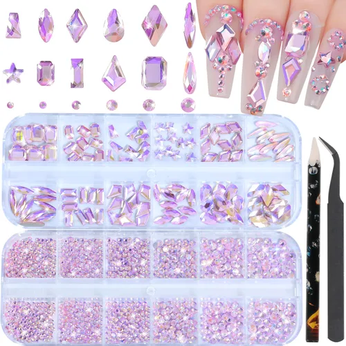 Vista 24 de HNUIX Diamantes de imitación para uñas, cristal 3D de múltiples formas, gemas de uñas Aurora de cristal, parte trasera plana, con kit para arte