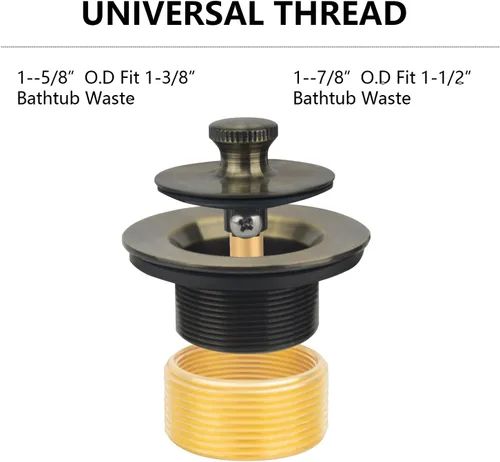 Vista 2 de Uni-Green Lift&Turn - Kits de drenaje de bañera con buje adaptador, acabado de latón antiguo (2 agujeros)