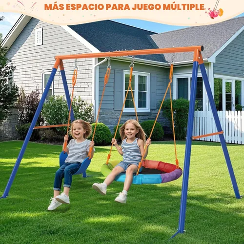 Vista 2 de Amictoy Juego de columpios para patio trasero con soporte, juego de metal resistente con marco en A de 440 libras con columpio de platillo de 32