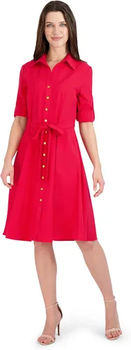 Sharagano Vestido camisero con botones en la parte delantera y mangas enrollables para mujer