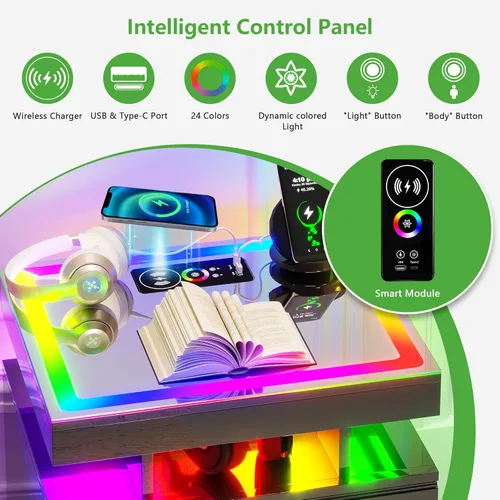 Vista 10 de HNEBC Mesita de noche LED, mesita de noche negra con estación de carga, USB + tipo C + carga inalámbrica, mesita de noche inteligente con sensor