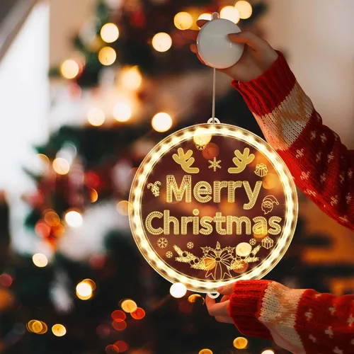 Vista 3 de Adorno de luz de ventana de Navidad, funciona con pilas, para colgar en la ventana de Navidad, luz blanca cálida brillante con ventosa LED