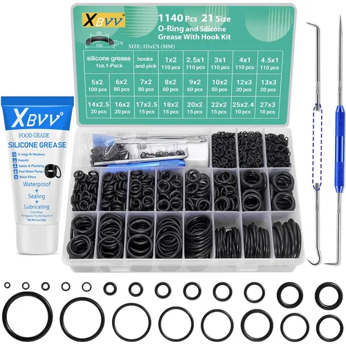 XBVV 1140 piezas 21 tamaños Juego surtido de juntas tóricas para llave con grasa lubricante de silicona de grado alimenticio para reparación de