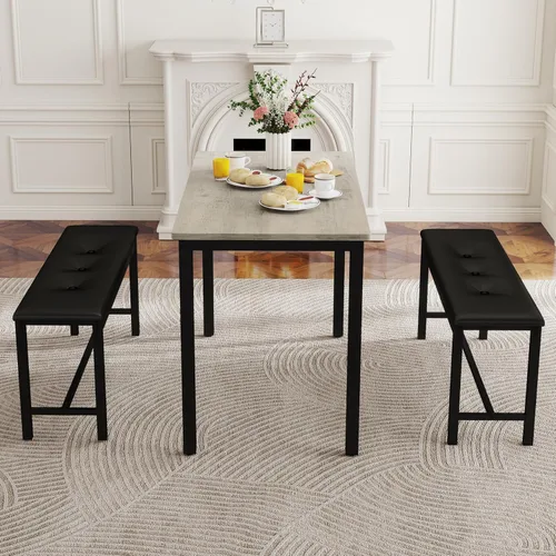 Vista 9 de Juego de mesa de comedor para 4, mesa de cocina con 2 bancos, muebles de comedor de madera de 3 piezas, juegos de sillas de comedor para rincón
