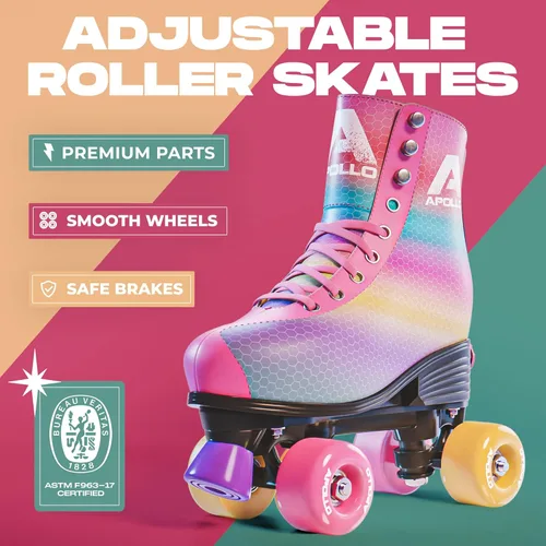 Vista 2 de APOLLO Patines de ruedas – Patines retro para niñas y mujeres – Patines cuádruples ajustables con tacón alto – Disco Quads
