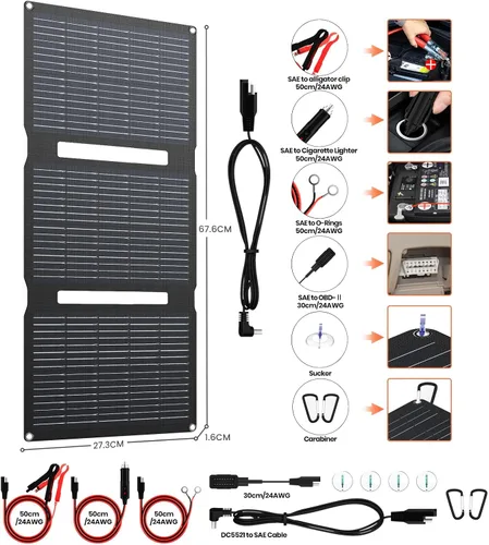 Vista 4 de FlexSolar Kits de mantenimiento de cargador de goteo de panel solar plegable de 15 W, salida USB y CC de 12 V con controlador integrado, incluye