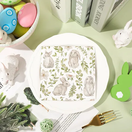 Vista 4 de 50 servilletas de papel de cóctel de Pascua, acuarela, conejo, hojas de conejo, desechables, servilletas para primavera, boda, fiesta de cumpleaños