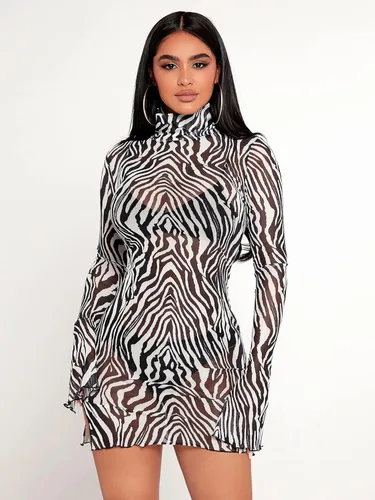 Vista 4 de Verdusa Vestido ajustado de manga larga con cuello alto falso de malla transparente para mujer