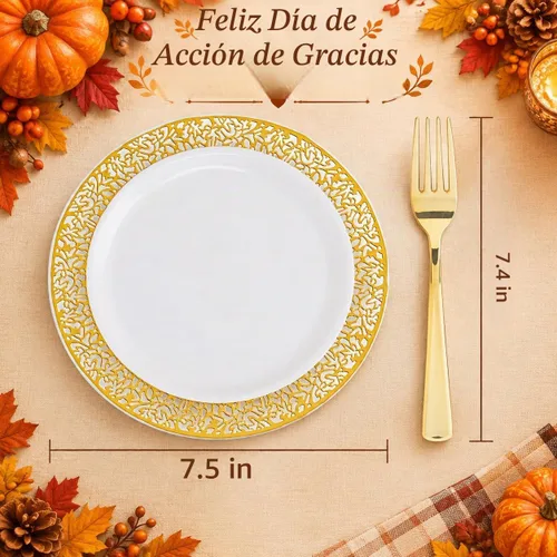 Vista 3 de WDF -Platos desechables para postre, 100 unidades, dorados, de 7.5 pulgadas, con 100 tenedores desechables de 7.4 pulgadas, con diseño de encaje