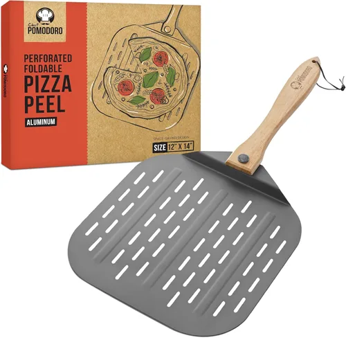 Vista 12 de Pomodoro pala para pizza de aluminio con asa de madera plegable para guardar fácilmente, de 12" x 14", para cocinar pan y pizzas en el hogar