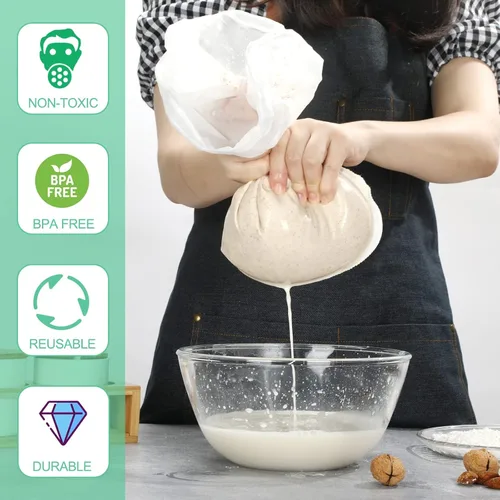 Vista 2 de Paquete de 3 bolsas de leche de nuez de 14 x 14 pulgadas, extra grandes, reutilizables, coladores de alimentos, bolsas de nueces para colar leche