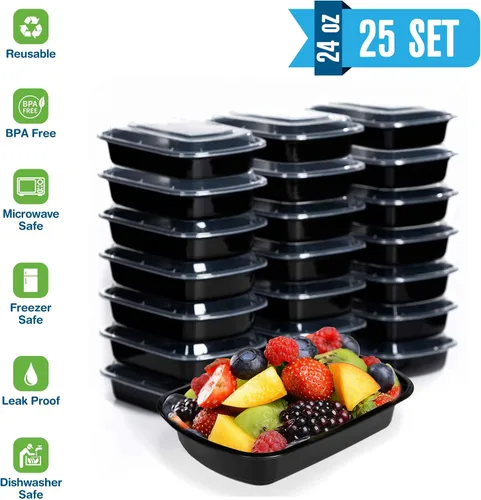 Vista 2 de Contenedor de preparación de comidas reutilizable con tapas [25 juegos] de 24 onzas. Recipientes de preparación de alimentos ideales, caja Bento