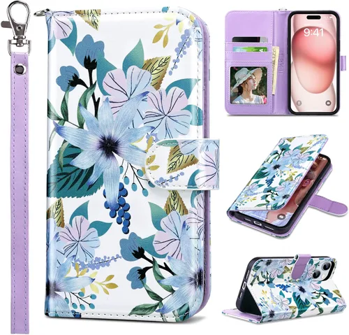 Vista 38 de ULAK Funda tipo billetera compatible con iPhone 15 para mujeres, funda tipo cartera con estampado floral de piel PU premium con porta tarjetas