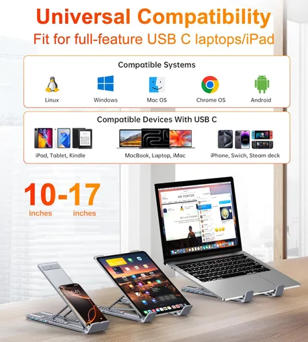 Vista 5 de Base de acoplamiento USB C de 5 en 1 con soporte para portátil de aluminio ajustable, concentrador USB C con 4 puertos USB A 3.0 con transferencia