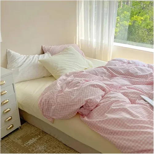 Vista 6 de ADovz Juego de ropa de cama de algodón rosa, tamaño Queen, matrimonial, tamaño doble, sábana bajera ajustable, funda de edredón para el hogar, ropa