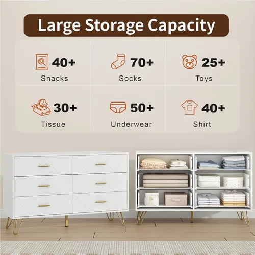 Vista 21 de Cómoda de 7 cajones para dormitorio, color blanco con patas y asas doradas, cómoda de madera, cómoda moderna para sala de estar, pasillo, guardería