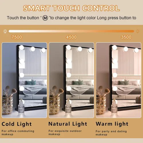 Vista 3 de FENCHILIN Espejo de tocador con luces, espejo iluminado Hollywood con bombillas de atenuación, espejo de maquillaje de tocador, control táctil