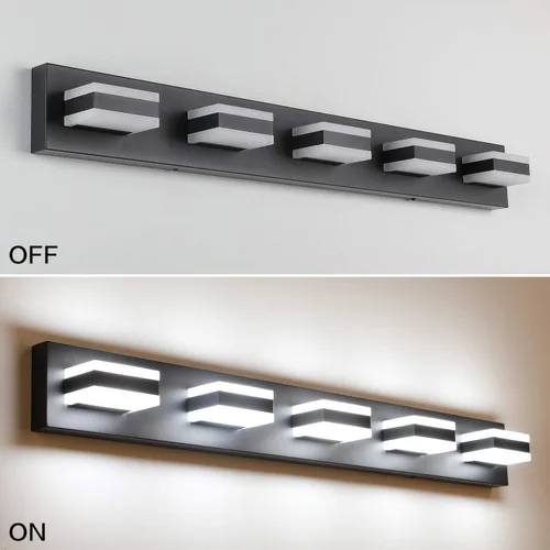 Vista 7 de SOLFART Luces de tocador de baño negras regulables LED modernas sobre el espejo, iluminación de baño negra para la pared del baño S8568 (5 luces)