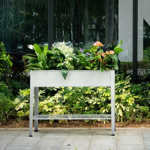 Vista 6 de DIGTER Cama de jardín elevada de metal, maceta elevada con patas, maceta de hierbas y verduras, adecuada para patio al aire libre y porche (gris)