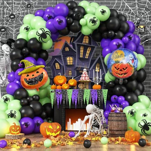 Vista 8 de Kit de arco de globos de Halloween de 155 piezas, kit de guirnalda de globos de color negro, naranja, morado y verde, con arañas de telaraña y Negro