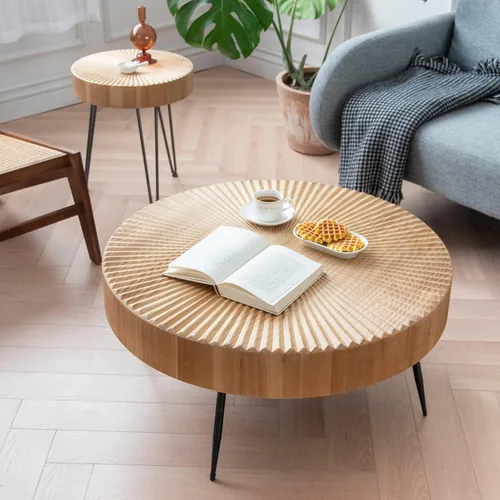 LONYKE Juego de mesa de centro estilo granja de 2 piezas, redonda con patrón radial de madera artesanal, juego de mesa de café moderna para sala de