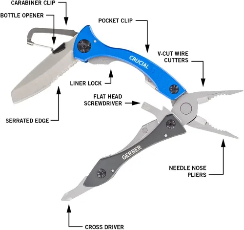 Vista 3 de Gerber Gear Crucial Multitool EDC Cuchillo de bolsillo con alicates de punta de aguja y clip, azul
