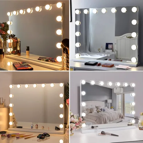 Vista 7 de Dekang Espejo de tocador grande con luces, espejo de maquillaje Hollywood con control táctil con 15 luces LED regulables, 3 modos de color, puertos