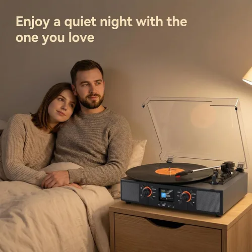 Vista 6 de Reproductor de discos de vinilo con altavoces integrados, tocadiscos de 3 velocidades con transmisión por correa, reproducción Bluetooth y USB