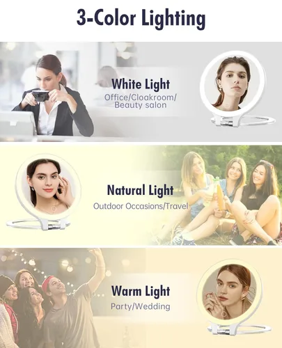 Vista 4 de FASCINATE Espejo de aumento de 10 x 1 x doble cara de aumento de maquillaje, espejo iluminado recargable con 3 ajustes de color, rotación ajustable