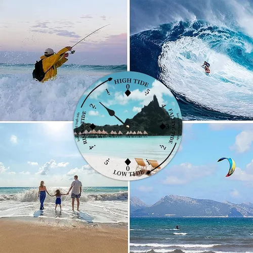 Vista 8 de Reloj de marea de madera con olas oceánicas de playa, marea costera, marea alta, marea baja, movimiento de marea náutica de madera rústica