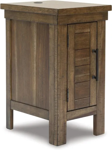 Signature Design by Ashley Moriville Rustic Farmhouse - Mesa auxiliar con 1 puerta de gabinete y puertos USB, color marrón
