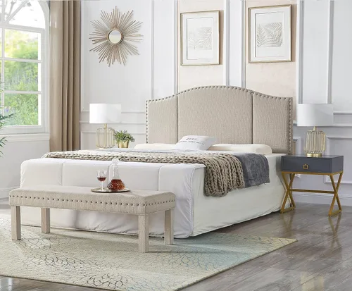 Vista 42 de 24KF Middle Century - Cabecera capitonada tapizada en lino con clavos de latón antiguo, cabecera Queen / Matrimonial, color gris oscuro