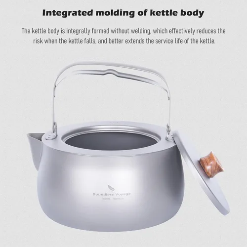 Vista 4 de iBasingo Tetera de titanio de 27.1 fl oz con mango plegable, ultraligera, portátil, tetera de metal, cafetera para jardín al aire libre, mochilero