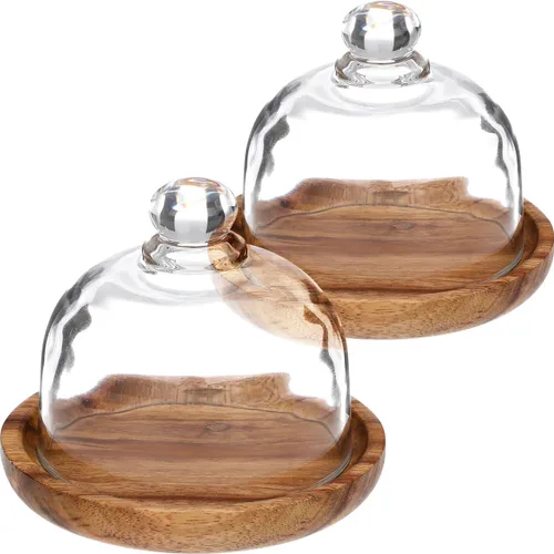 Yardwe 2 Pack Mini Glass Dessert Dome with Wooden Base - 3.4 Inch Cake Stand with Clear Glass Cover for Cupcakes Pastries Candy Display
